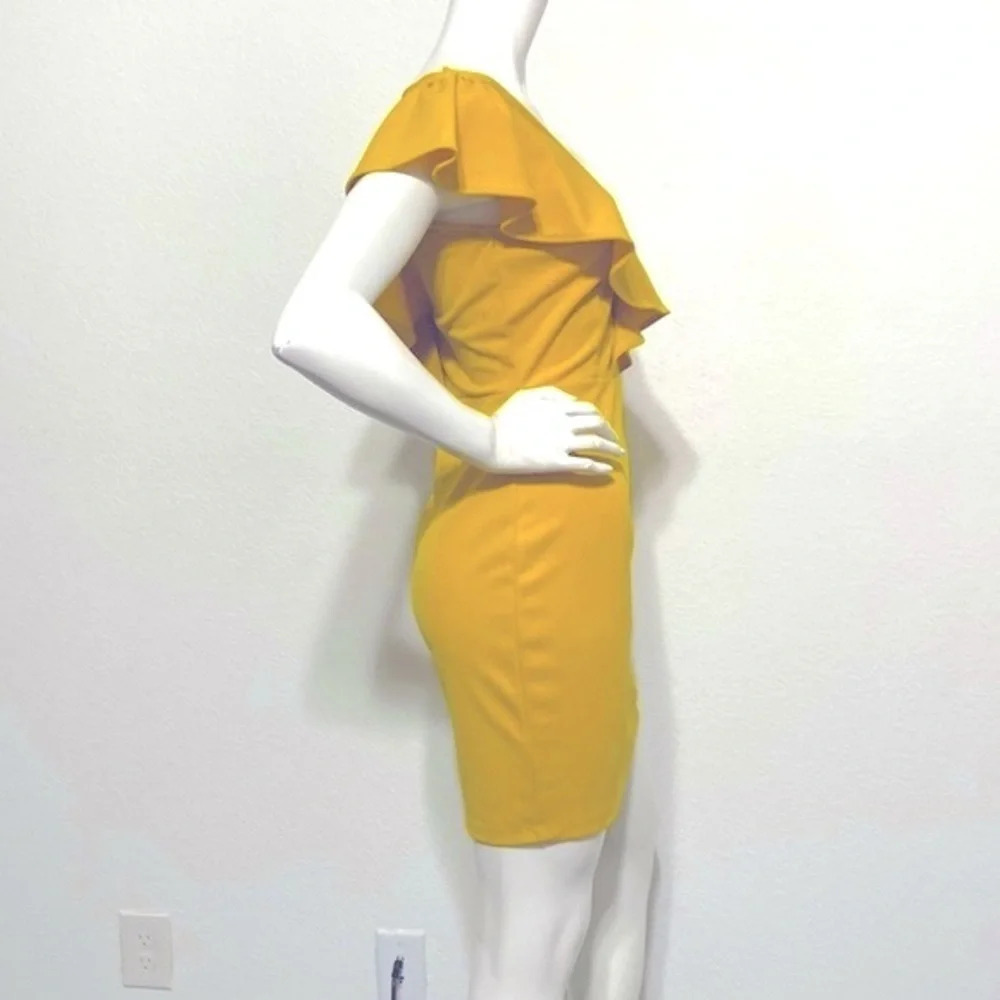 Symphony NEW Mustard Yellow Bodycon Ruffle Mini Dress Size L - Picture 6 of 9
